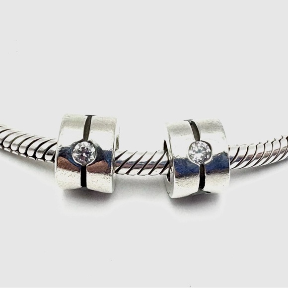 Pandora Sterling Silver Band with Clear Cubic Zirconia Charm Set of Two - Picture 1 of 5